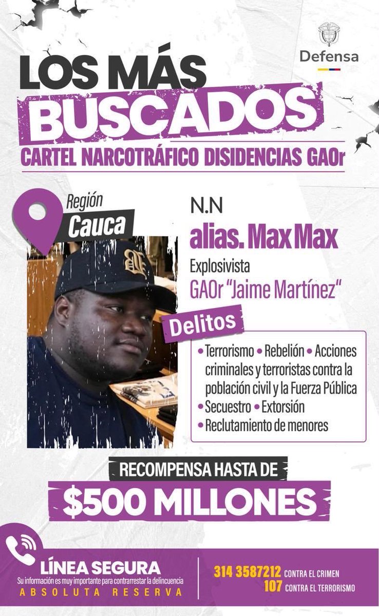 PedroSanchezCol's tweet photo. EL DISPOSITIVO DE SEGURIDAD DESPLEGADO EN EL SUROCCIDENTE ESTÁ FUNCIONANDO. EL BLINDAJE OPERACIONAL PERMITIÓ UBICAR Y NEUTRALIZAR UN VEHÍCULO CON EXPLOSIVOS EN EL NORTE DEL CAUCA.

En las últimas horas, en el kilómetro 87 de la vía Panamericana, en la vereda San Rafael del municipio de Santander de Quilichao (Cauca), nuestra @PoliciaColombia interceptó y neutralizó de manera controlada un vehículo de transporte de pasajeros acondicionado con explosivos.

Las primeras investigaciones indican que el peligroso criminal alias “Max Max”, integrante de las disidencias de alias “Mordisco”, estaría detrás de la articulación de estos intentos terroristas para asesinar a civiles y a integrantes de la Fuerza Pública. 

Por información que permita la ubicación y captura de alias “Max Max” se ofrece una recompensa de hasta 500 millones de pesos. Como ha ocurrido con otros cabecillas de esta organización criminal, la Fuerza Pública mantendrá la ofensiva hasta llevarlo ante la justicia.

Este resultado demuestra algo fundamental: el dispositivo de seguridad dispuesto por el Ministerio de Defensa y la Fuerza Pública, en coordinación con las gobernaciones, las alcaldías y la ciudadanía, está funcionando para garantizar la tranquilidad de los colombianos y la seguridad de la posesión presidencial.

Las actividades ordinarias y extraordinarias continúan desarrollándose con normalidad y bajo estrictas medidas de seguridad en el suroccidente del país, especialmente en Cali, Valle del Cauca, donde el próximo 7 de agosto se llevará a cabo la posesión presidencial. Los riesgos han sido identificados y las medidas para mitigarlos han demostrado ser efectivas. Las autoridades permanecen desplegadas y trabajan de manera coordinada para garantizar la seguridad en todo el territorio nacional.

No vamos a minimizar ninguna amenaza, pero tampoco vamos a permitir que se sobredimensione. Nuestra respuesta es anticiparnos, adoptar las medidas necesarias y evitar que el terrorismo logre su propósito de intimidar a la población o alterar la tranquilidad de los ciudadanos.

La tranquilidad, la cordura y la responsabilidad en el manejo de la información son fundamentales. Mi llamado es a no caer en la desinformación ni en la especulación. Consulten siempre las fuentes oficiales para evitar que los rumores generen el pánico que buscan los terroristas.

La Fuerza Pública continuará desplegada en todo el territorio nacional, anticipándose a las amenazas, protegiendo a la población y garantizando el normal desarrollo de la posesión presidencial.

Colombia puede tener la certeza de que estamos preparados, estamos actuando y no permitiremos que el terrorismo se imponga.

Continuaremos a la ofensiva hasta el último día, como si fuera el primero.

Denuncie y ayúdenos a combatir el crimen:

• Contra el crimen: 314 358 7212
• Líneas: 107 – 157
• GAULA: 147 – 165
• Reclutamiento de niños, niñas y adolescentes: 141

#SeguridadYDemocracia2026 🗳️