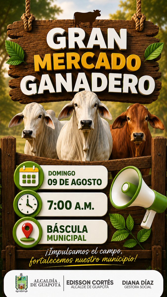 Guapota_S's tweet photo. 🐄🌾 Este domingo 09 de agosto, acompáñanos en el tradicional Mercado Ganadero de Guapotá. Una actividad que fortalece el campo, impulsa la economía local y mantiene vivas nuestras tradiciones.

¡Los esperamos! 🤝 https://t.co/fvGfBEYEHu