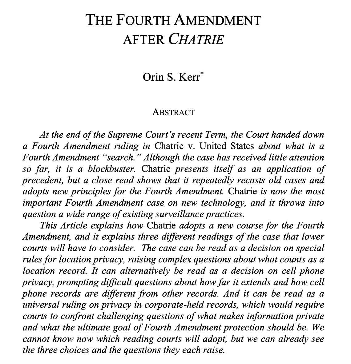 OrinKerr's tweet photo. NEW: Here, finally, is my new draft article on the Supreme Court's Chatrie decision.  I think the ruling is tremendously important to Fourth Amendment law—and here's why.  
https://t.co/VdmxLRIdUp https://t.co/UlaJ2qJeKz