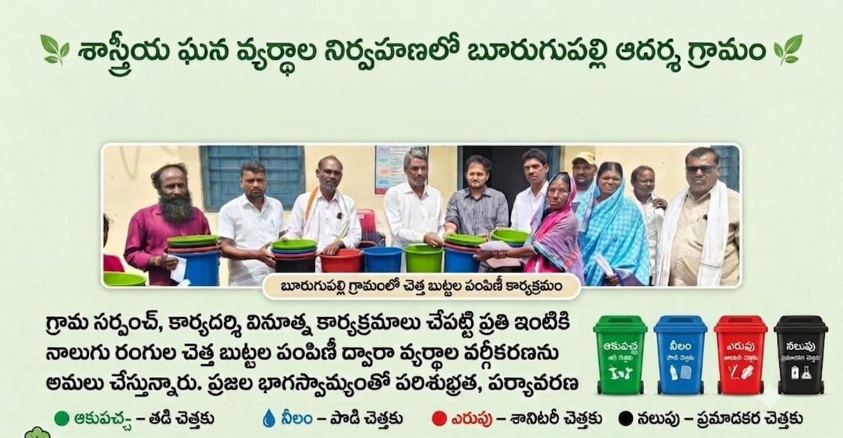 Collector_KMR's tweet photo. 🌿 శాస్త్రీయ ఘన వ్యర్థాల నిర్వహణలో పెద్ద కొడప్గల్ మండలంలోని బూరుగుపల్లి ఆదర్శ గ్రామం 🌿
గ్రామ సర్పంచ్, కార్యదర్శి ద్వారా ప్రతి ఇంటికి నాలుగు రంగుల చెత్త బుట్టల పంపిణీ ద్వారా వ్యర్థాల వర్గీకరణను ప్రోత్సహించి ఇంటింటి సేకరణను అమలు చేస్తున్నారు. https://t.co/jU3vA3zRI6
