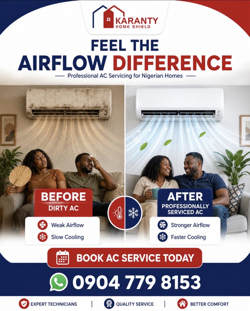 KarantyHome's tweet photo. Your AC is not weak it’s begging for service.

That “small breeze” you’ve been managing at home

A dirty AC could be the reason.

Weak airflow &amp;poor cooling.
Clean system &amp; stronger airflow.

Don’t wait until the heat becomes unbearable.

Let Karanty bring your AC back to life. https://t.co/O8K7CwsTLM