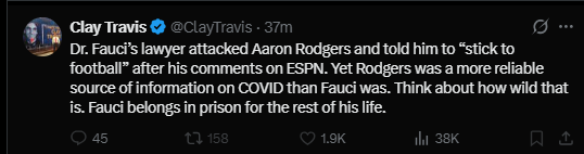 ExposingClay's tweet photo. Clay Travis just blatantly lying. At what point was Aaron Rodgers a "reliable source of information on COVID"?

Absolute idiocy. COVID completely broke this guy's brain and he hasn't recovered. https://t.co/qajiPjcHPQ