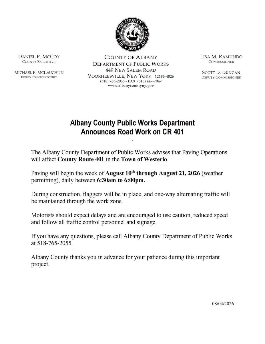 MCCoyCountyExec's tweet photo. Please see the attached advisories from the The Albany County Department of Public Works regarding paving operations that will affect County Route 202 (Meadowdale Rd) in the Town of Guilderland and County Route 401 in the Town of Westerlo. https://t.co/5RT3Figle3