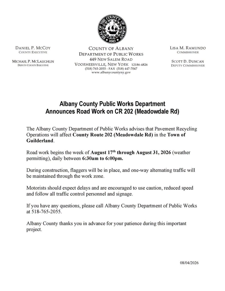 MCCoyCountyExec's tweet photo. Please see the attached advisories from the The Albany County Department of Public Works regarding paving operations that will affect County Route 202 (Meadowdale Rd) in the Town of Guilderland and County Route 401 in the Town of Westerlo. https://t.co/5RT3Figle3