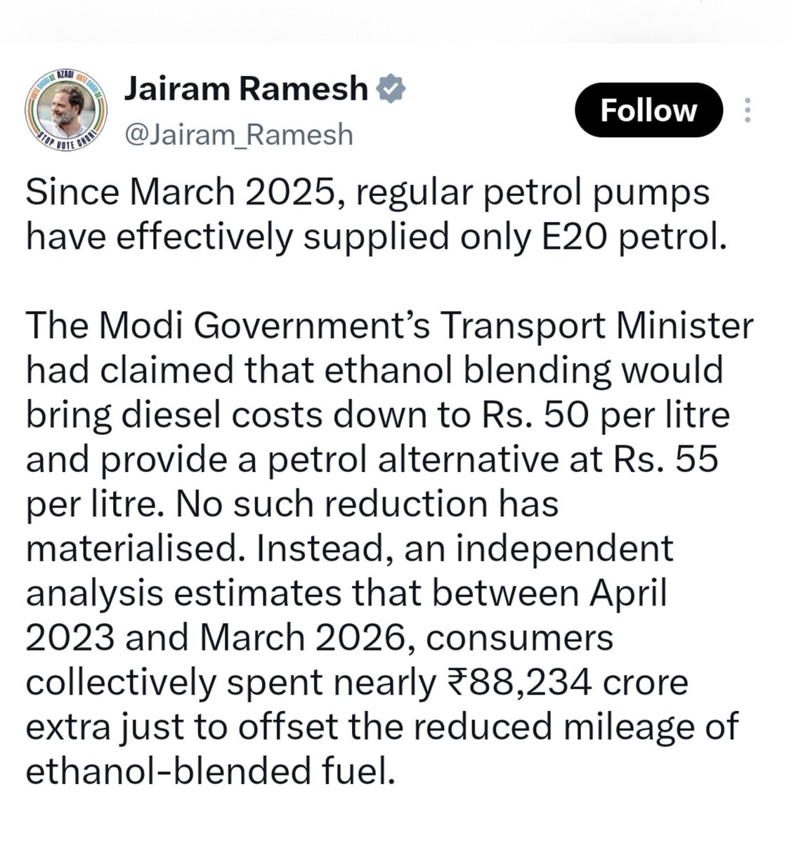 SonOfBharat7's tweet photo. भारत अपनी crude oil 
ज़रूरत का करीब 89% import करता है..✍️

West Asia में कुछ हो, OPEC कोई फैसला ले, shipping route पर कोई disruption आए, सीधा असर भारत की economy पर पड़ता है। EBP programme इसीलिए बना, क्योंकि ये vulnerability real है, documented है, और खतरनाक है...

जयराम रमेश इस पूरे energy security programme को इस एक सवाल पर judge कर रहे हैं कि इस महीने pump पर discount मिला या नहीं...

इसे serious policy analysis नहीं कहते✍️