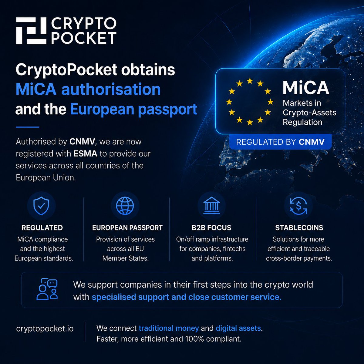 Cryptopocket_io's tweet photo. CryptoPocket has obtained MiCA authorisation from CNMV, is listed in the @ESMAComms register and now has European passporting.

We’re building regulated B2B on/off-ramp infrastructure for companies using stablecoins in cross-border operations.

#MiCA #Stablecoins #Fintech https://t.co/8ZH1MGX0D5