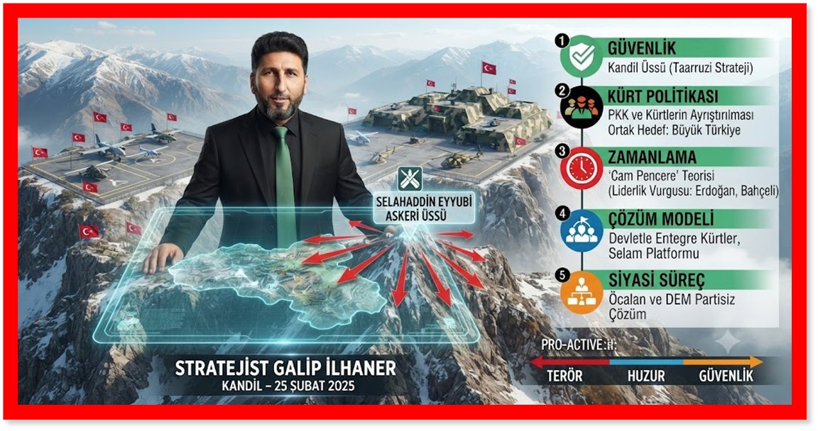 Galipilhaner's tweet photo. Kandil, Türkiye'nin KILIÇ hakkıdır.
Kandil bizim kılıç hakkmımızdır.
***
Stratejist Siyaset Bilimci Galip ilhaner, Kandil Selahaddin Eyyubi Askeri Üssü (25 Şubat 2025)
https://t.co/PWOfpXqA4k
***
Stratejist ve Siyaset Bilimci Galip İlhaner’in kaleme aldığı bu metin; "Terörsüz Türkiye" tartışmaları, bölgesel gelişmeler (Özellikle Suriye ve Kandil), Kürt siyaseti ve AK Parti-MHP iktidar bloku stratejileri ekseninde inşa edilmiş kapsamlı bir siyasal-güvenlik analizidir.

Metnin detaylı analizi, temel argümanları, stratejik riskleri ve önerilen yol haritası başlıklar halinde incelenmiştir:

1. Güvenlik ve Askerî Strateji: Kandil ve Suriye Denklemi

Kandil’e Askerî Üs Kurulması: İlhaner, terörle mücadelenin reaktif (savunmacı)lıktan çıkarılıp proaktif (taarruzi) bir aşamaya taşınmasını savunmaktadır. Kandil’in kalbine "Selahaddin Eyyubi Askeri Üssü ve Askeri Havaalanı" kurulması, bölgenin kalıcı olarak kontrol altına alınması ve Türkiye’nin güvenlik sınırlarının ileri bir hatta taşınması gerektiği tezini savunur.

Suriye Boyutu (SDG ve Şam Yönetimi): Şubat 2025'te SDG ile Suriye Demokratik Konseyi arasında gerçekleşen anlaşmaya (Suriye ordusuna katılım, sivil kurumların yeniden açılması, yabancı savaşçıların çekilmesi) dikkat çekilir. Yazar, buradaki gelişmeleri PKK/PYD’nin bir "bekle-gör ve zaman kazanma taktiği" olarak okur.

2. Siyasi Strateji ve "Kürtler ile PKK’nın Ayrıştırılması" Tezi

Metnin en temel omurgasını, Kürt seçmen kitlesi ile PKK/DEM Parti çizgisinin birbirinden net bir şekilde ayrıştırılması zorunluluğu oluşturur:

Süreç Kimin Başarısı Olmalı?: Sürecin Abdullah Öcalan’ın çağrısıyla veya DEM Parti’nin öncülüğünde ilerlemesinin, Kürt seçmeni tamamen DEM Parti/PKK çizgisine iteceği uyarısı yapılır. Bu durumun, ilerleyen süreçte DEM Parti’nin oylarını %20 seviyelerine çıkarabileceği ve bölgede özerklik/fiili durum adımlarına zemin hazırlayacağı belirtilir.
Kızıl Elma ve Ortak Amaç: Türklerin ve Kürtlerin nihai hedefinin "Büyük Türkiye" ve "Dünya Barışı" olduğu vurgulanarak, Türk-Kürt amaç birlikteliği savunulur.

2. Zamanlama ve Liderlik Vurgusu ("Cam Pencere" Teorisi)

İlhaner’e göre Türkiye’nin terörü tamamen tasfiye edebilmesi için kritik bir tarihsel zaman aralığı bulunmaktadır:
Erdoğan ve Bahçeli Sonrası Riskler: Yazar, PKK’nın Abdullah Öcalan’ın, Cumhurbaşkanı Erdoğan’ın ve MHP Lideri Devlet Bahçeli’nin vefatını beklediğini öne sürer. Bu iki liderin tasfiye edici iradesi olmadan sonraki dönemlerde PKK’nın ve olası isyan dalgalarının önüne geçilemeyeceğini savunarak, "PKK, Erdoğan ve Bahçeli hayattayken tamamen tasfiye edilmelidir" tezini savunur.
Öcalan’ın Etkisizliği: Abdullah Öcalan’ın PKK üzerinde mutlak bir otoriteye sahip olmadığını, PKK’nın küresel istihbarat örgütlerinin (CIA, Mossad, MI6 vb.) kontrolünde bir yapı olduğunu ve Öcalan’ın da bu denklemde kullanıldığını ifade eder. Dolayısıyla sürecin Öcalan üzerinden yürütülmesinin sonuç vermeyeceğini savunur.

4. AK Parti İçindeki Kürt Siyasetçilere Eleştiri

Metnin iç politika eleştirisi kısmında, AK Parti’nin Doğu ve Güneydoğu Anadolu’daki oy kaybı ve yerel yönetimlerdeki başarısızlıkları sorgulanır:

Cesaretsizlik Eleştirisi: AK Parti’de siyaset yapan Kürt kökenli siyasetçilerin ve bürokratların "keyiflerine baktıkları, ihale peşinde koştukları ve PKK ile ideolojik/siyasi bir mücadele yürütmedikleri" sert bir dille eleştirilir.
Seçim Sonuçları: Van gibi stratejik merkezlerde AK Parti’nin sıfır çekmesinin faturasının bu pasif tutuma kesildiği belirtilerek, iktidar partisinin PKK ile mücadele etmeyen isimleri tasfiye etmesi gerektiği vurgulanır.

5. Selam Platformu ve Alternatif Eylem Planı

Yazar, Van merkezli Selam Platformu adına şu somut stratejik adımları önerir:

Meydanlara İnmek: PKK’ya silah bıraktırma baskısının Öcalan’dan değil, devletle ve Türkiye ile entegre olan, PKK ile mücadele eden Kürt halkının 81 ilde düzenleyeceği mitinglerle ve sokak eylemleriyle yapılması gerektiğini belirtir.
Meşruiyetin İnşası: PKK ile mücadele eden Kürtlerin, DEM Parti destekçilerinden daha görünür, daha güçlü ve daha baskın hale getirilmesi gerektiği savunulur.

Özetle Değerlendirme

Galip İlhaner bu analizinde; hükümetin yürütebileceği olası bir "çözüm" ya da "terörsüz Türkiye" sürecine karşı en sert güvenlik tedbirleri ve en keskin siyasi uyarılar paketini sunmaktadır. Sürecin terör örgütüne ve onun siyasi uzantısına yarar sağlayacak bir "yumuşama" veya "meşrulaşma" zeminine dönüşmemesi gerektiğini; bunun yerine devlet yanlısı, milliyetçi-muhafazakar eksenle entegre olmuş bir Kürt siyasi iradesinin sahaya sürülmesiyle kesin bir tasfiye operasyonuna dönüştürülmesini talep etmektedir.