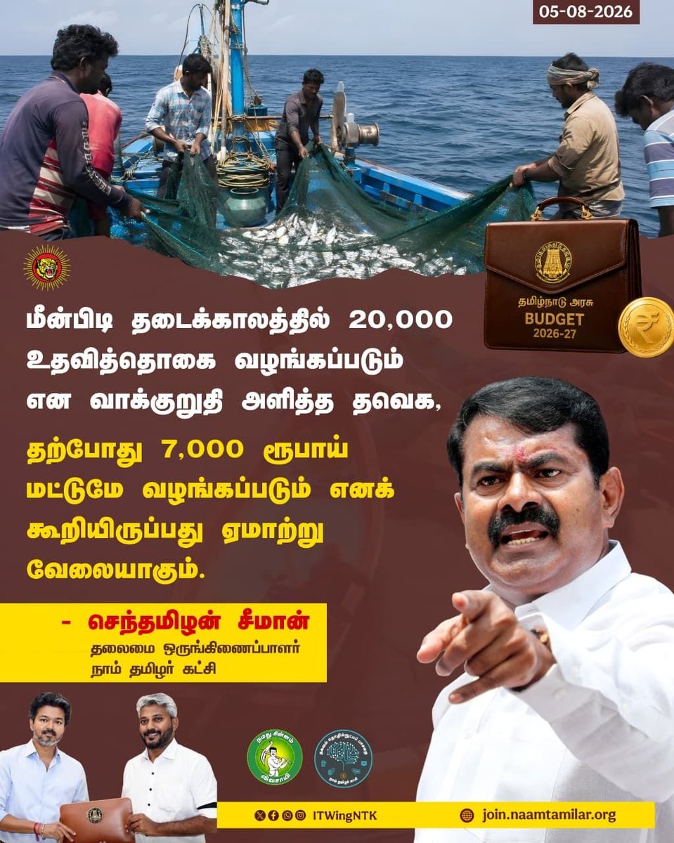 _ITWingNTK's tweet photo. மீன்பிடி தடைக்காலத்தில் 20,000 உதவித்தொகை வழங்கப்படும் என வாக்குறுதி அளித்த தவெக, தற்போது 7,000 ரூபாய் மட்டுமே வழங்கப்படும் எனக் கூறியிருப்பது ஏமாற்று வேலையாகும்.

-செந்தமிழன் சீமான் 
தலைமை ஒருங்கிணைப்பாளர்,
நாம் தமிழர் கட்சி 

#ntk #seeman #tvkfails #TNbudget https://t.co/Jm8i6JUPjh