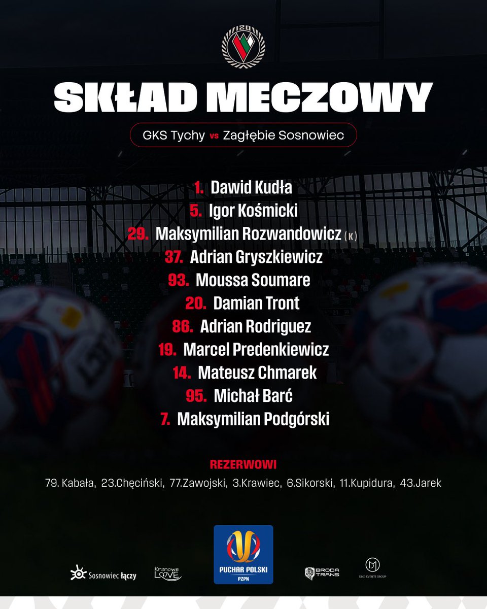 zaglebie_eu's tweet photo. 🏆Runda wstępna 𝐒𝐓𝐒 𝐏𝐮𝐜𝐡𝐚𝐫 𝐏𝐨𝐥𝐬𝐤𝐢🏆

Skład na mecz z GKS-em Tychy ⤵️

📺𝐭𝐫𝐚𝐧𝐬𝐦𝐢𝐬𝐣𝐚: PZPN +, https://t.co/jYrZi3RUBU 

#TYCZSO #WIARAKTÓRAPRZETRWAŁA https://t.co/a8tgsh48P0