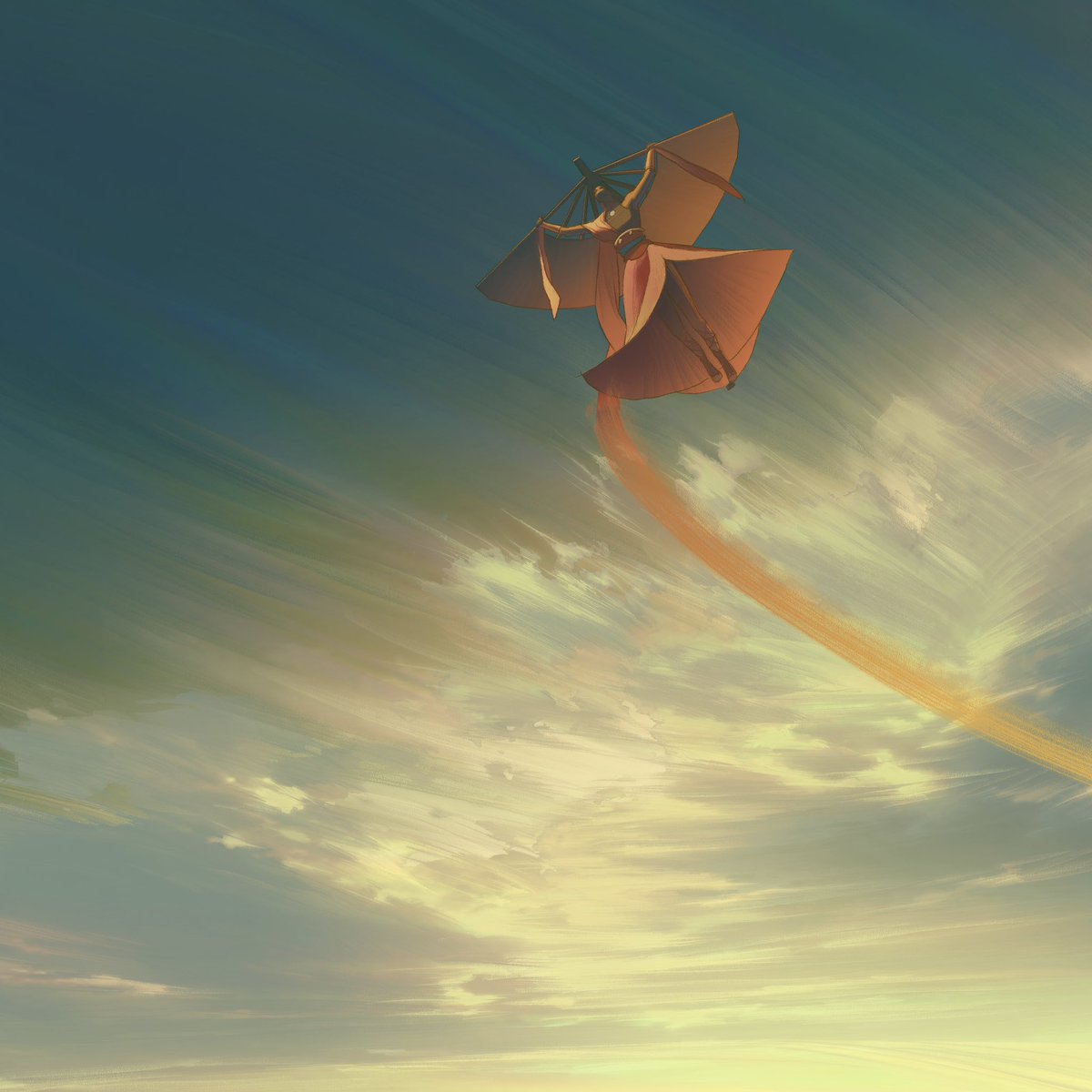 Chuwenjie's tweet photo. The Golden Age of Airbenders. I made this painting of Sonam gliding through the clouds for the flashback sequences in Avatar Aang! https://t.co/T788Brsk91