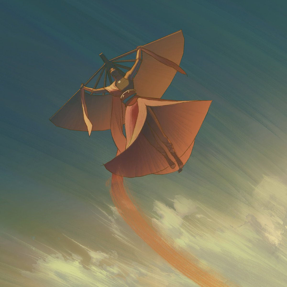 Chuwenjie's tweet photo. The Golden Age of Airbenders. I made this painting of Sonam gliding through the clouds for the flashback sequences in Avatar Aang! https://t.co/T788Brsk91
