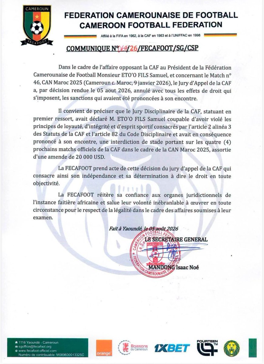 TheCameroonianZ's tweet photo. La CAF annule toutes les sanctions contre Samuel Eto’o. https://t.co/PuWhoo3NCh