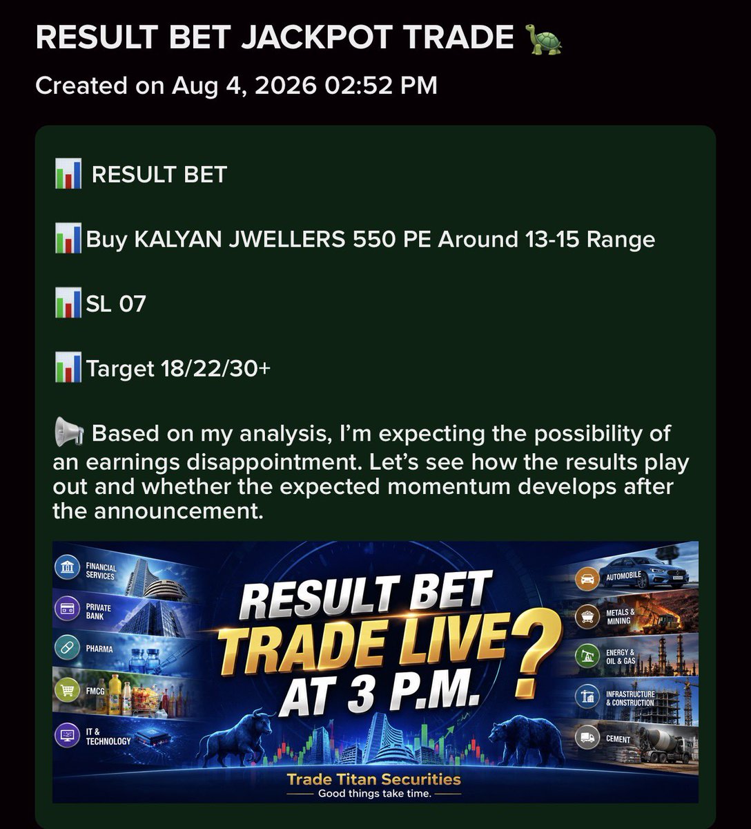TheTradeTitansX's tweet photo. 📈🪻 Today’s Trading Performance | Telegram Open Forum

📅 05 August 2026

📲 https://t.co/G7Anqp7j3Q

Another outstanding trading session powered by high-conviction Result Bet setups, disciplined execution, and effective risk management. Here’s today’s performance from our Telegram Open Forum.

🟩🌟 #KALYANJWELLERS 550 PE | #RESULTBET
💰 ₹13 ➜ ₹22 | Jackpot Winner
💸 Profit Per Lot: ₹12,150

🟩🌟 #MCX 2600 PE | #RESULTBET
💰 ₹75 ➜ ₹110 | Jackpot Winner
💸 Profit Per Lot: ₹7,875

🟩🌟 #BSE 3800 CE | #RESULTBET
💰 ₹55 ➜ ₹110 | Jackpot Winner
💸 Profit Per Lot: ₹11,000

🟥 #BSE 3900 CE | #RESULTBET
⛔ Position Closed
💸 Loss Per Lot: ₹2,000

🟩🎖 #HINDZINC 560 CE
💰 ₹14 ➜ ₹42 | 3X Winner
💸 Profit Per Lot: ₹34,300

🟩 #BANKNIFTY 58500 CE
💰 ₹430 ➜ ₹506
💸 Profit Per Lot: ₹2,280

🟩 #CGPOWER 880 CE
💰 ₹26 ➜ ₹35
💸 Profit Per Lot: ₹7,650

🟩 #SENSEX 78700 PE
💰 ₹450 ➜ ₹580
💸 Profit Per Lot: ₹2,600

🟩 #TMPV CASH STOCK
💰 ₹340 ➜ ₹353
📈 Cash Market Gain Captured

📈 Session Highlights

• ✅ Winning Trades: 8
• ❌ Losing Trades: 1
• 🎯 Winning Rate: 88.89%
• 💰 Total Gross Profit: ₹77,855 Per Lot (Cash trade excluded)
• 📉 Total Gross Loss: ₹2,000 Per Lot
• 🚀 Net Profit Generated: ₹75,855 Per Lot (Cash trade excluded)
• 🌟 Result Bet Jackpots: 3
• 🎖 1 Multi-Bagger (3X) Winner

Congratulations to everyone who followed the trading plan with discipline and confidence. Another session proving that consistency comes from patience, precise execution, and disciplined risk management.

🔥 More high-conviction opportunities and premium trade setups are on the way. Stay connected with our Telegram Open Forum and never miss the next big move!

#ResultBet #OptionsTrading #StockMarket #IndianStockMarket #BankNifty #TradingCommunity #ShareMarket #TradeTitans #Trading