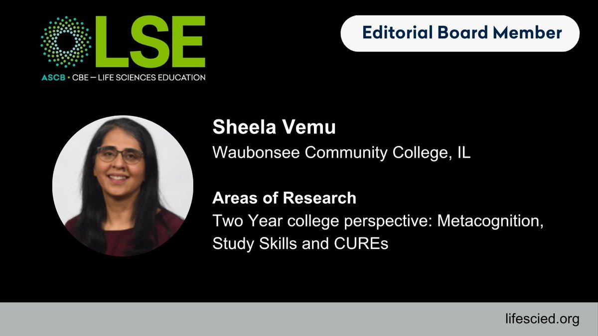 CBELifescied's tweet photo. Editor Spotlight

Sheela Vemu (Waubonsee Community College) researches metacognition, study skills, &amp; CUREs from a two-year college perspective. As an LSE editor, she values the journal's supportive community &amp; commitment to evidence-based biology ed.

https://t.co/txeRcAyVL1 https://t.co/2JmSsOQFwe