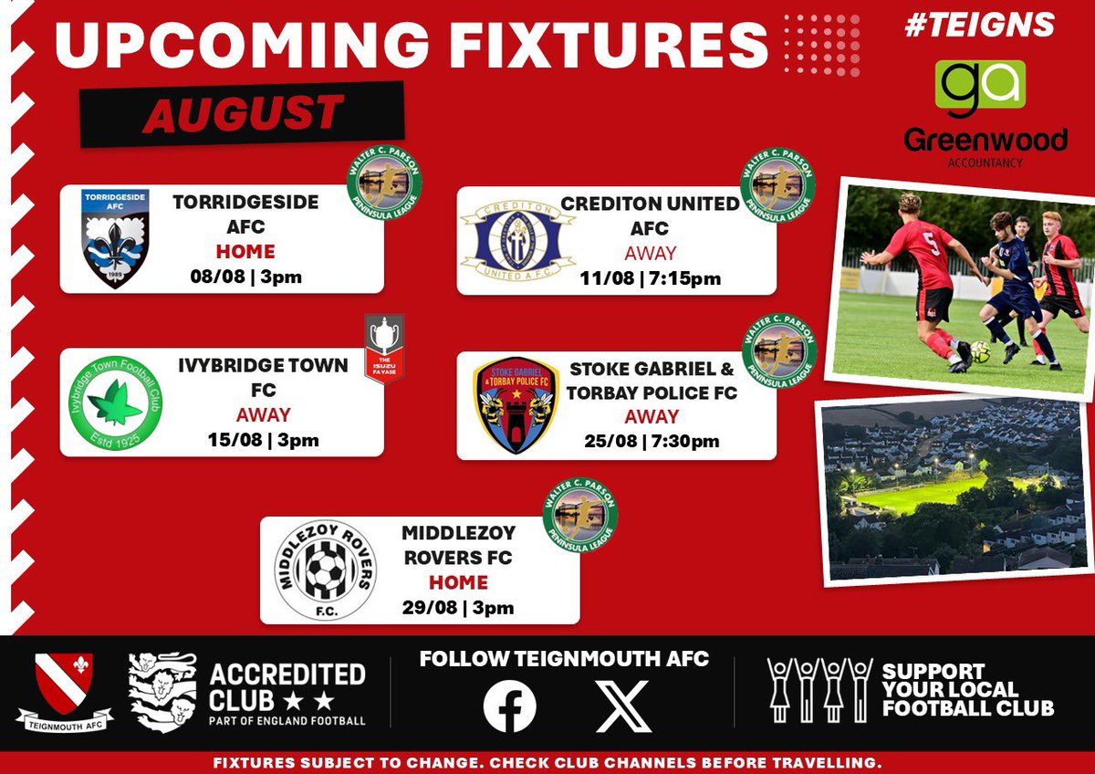 TeignsFC's tweet photo. Summer’s over already, and we’re back in league action this Saturday at home against Torridgeside after a busy pre‑season.

August also brings our FA Vase opener away to Ivybridge - big opening month ahead ! https://t.co/TDxBeZLXHz