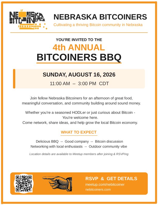 NEBitcoiners's tweet photo. 🌽Calling all Nebraskans:

Mark your calendars!

4th Annual Bitcoiners BBQ
|| Sunday Aug 16th - 11am ||

-- Good food
-- Good conversation
-- Good people &amp; friends

Where is it!? ⬇️
RSVP via link or flier QR for location!
https://t.co/DJGvo1VoWE https://t.co/qHbgGEv1ZV