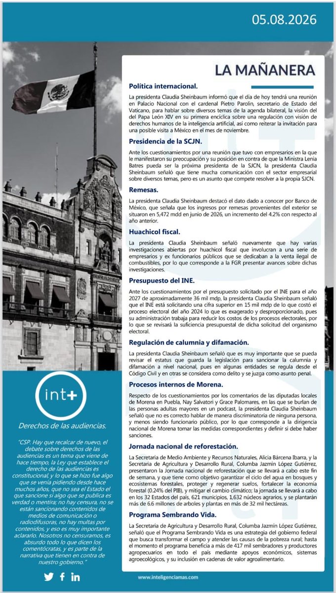 Inteli_Mas's tweet photo. #Política internacional, presidencia de la #SCJN, #remesas, #huachicol fiscal, presupuesto del #INE, regulación de #calumnia y #difamación, procesos internos de #Morena, jornada de #reforestación. 

Conoce todo lo que se compartió desde #LaMañanera📢 en nuestro #reporte diario. https://t.co/0o4eMCfoQo
