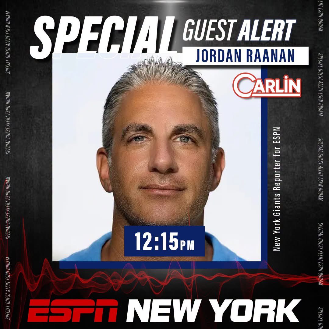 ESPNNewYork's tweet photo. SPECIAL GUEST ALERT!
 
TODAY at 12:15PM on @CarlinOnESPN:

@JordanRaanan joins the program to discuss all things Giants!

WATCH: https://t.co/ylvdmCGdz5

LISTEN: https://t.co/UmkCXu8OgR, on @880ESPNNewYork, 101.1FM HD 2 or the @ESPNNewYork App!

DOWNLOAD: https://t.co/ilBSEI9JYH https://t.co/H62vvXvLPF