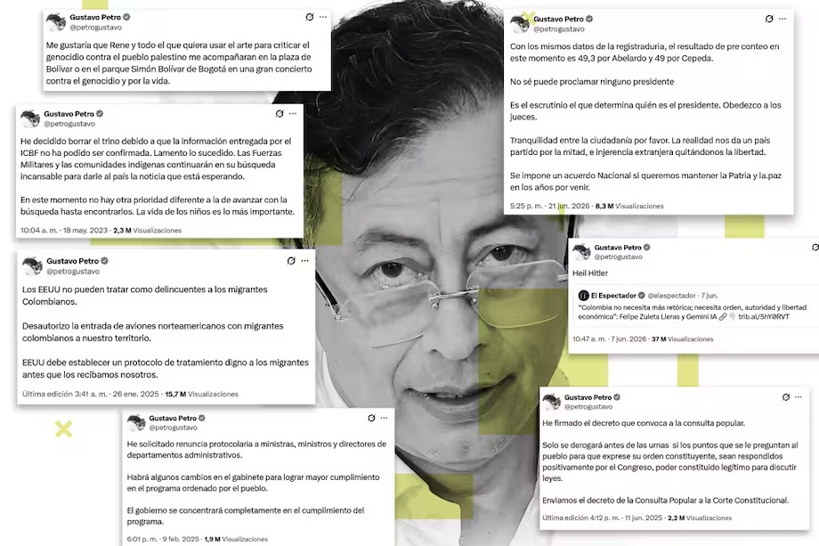 elespectador's tweet photo. ¿Gobernó Gustavo Petro desde X? 📱

Durante sus cuatro años en la Casa de Nariño publicó 14.585 trinos, un promedio de 10 mensajes al día. Desde esa red anunció decisiones, dio órdenes, desató controversias y marcó la agenda política.

Le contamos 🧵
https://t.co/bd0VYyMRRO