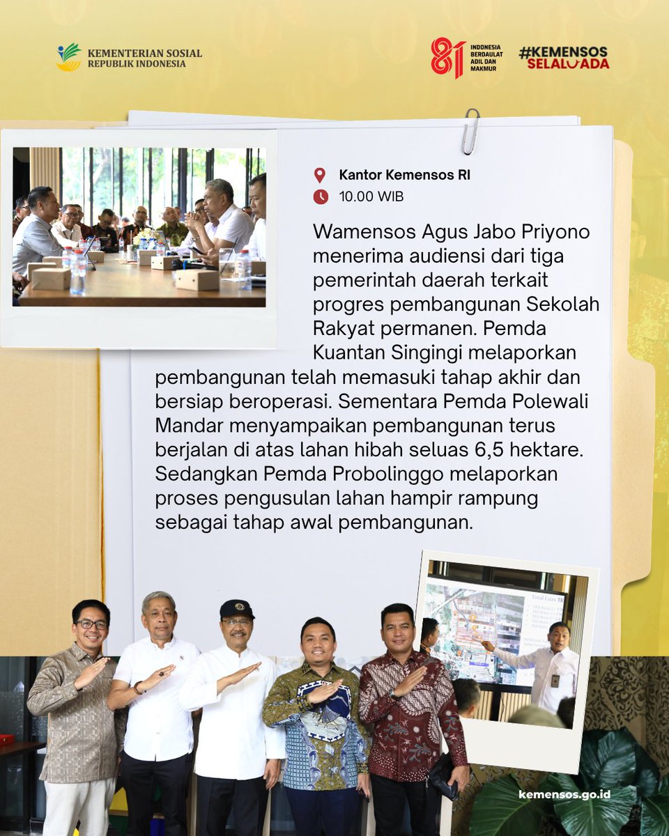 KemensosRI's tweet photo. Pembangunan Sekolah Rakyat terus dijalankan, sementara pengawasan penyaluran bantuan sosial makin diperkuat. 

Yuk baca lengkap tiga agenda Kementerian Sosial di #SelaluAdaKabarBaik edisi 5 Agustus. https://t.co/R9CruUrMwI
