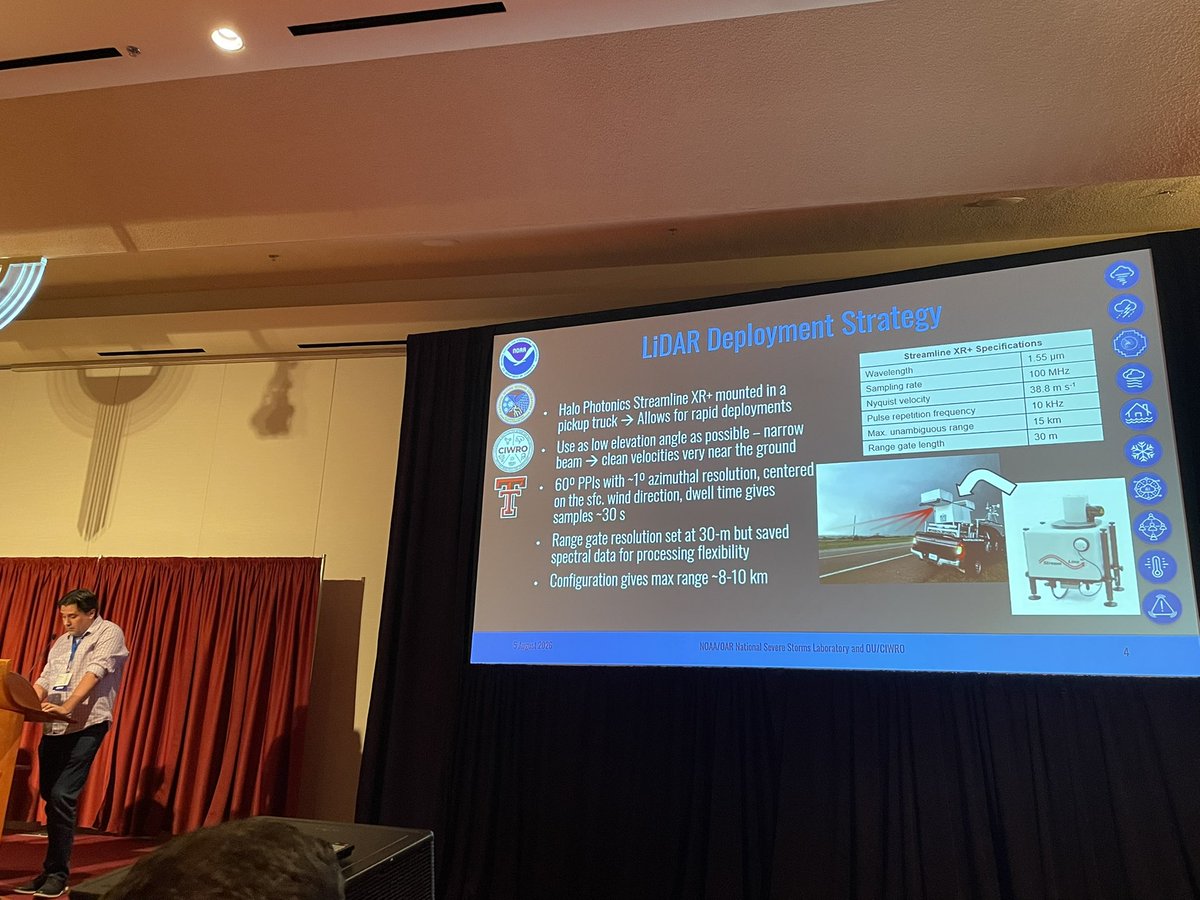 SkyPixWeather's tweet photo. Mike Coniglio discusses NSSL LIDAR deployment in the LIFT project to help understand near-tornado & tornadic flow better.

108 deployments across 52 supercells & 17 tornadoes.  Single PPIs every 30 s.  Dust is a major problem.  Found often near-SFC vorticity worms.  Huge vertical shear in lowest 20 m AGL.  Sampled 3 tornadoes I saw (Sudan TX, Arnett OK, St Libory NE).  [That’s always cool to conceptualize eyewitnesses glow w/observational research results.]. RFGF vorticity rolls up, tornadogenesis appears to happen ahead of the SVC.  #sls32