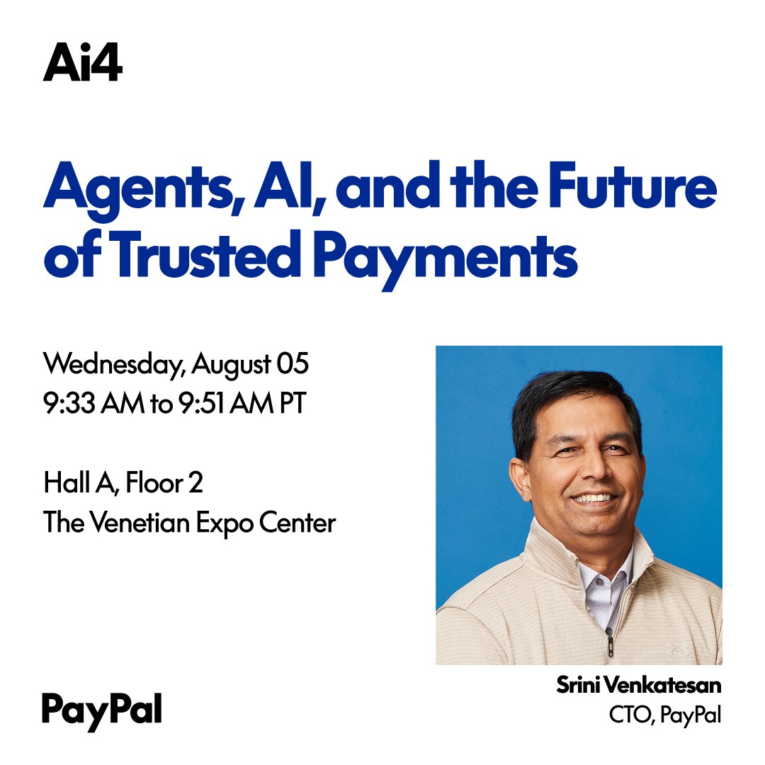 PayPalBusiness_'s tweet photo. PayPal CTO Srini Venkatesan takes the stage at #Ai4 today to share how PayPal is powering commerce in the AI era and what that shift means for businesses building now.

Whether you're shipping AI experiences today or planning your first move, you'll leave with a clearer picture of what's coming.

You'll also meet PayPal's Merchant AI Integration Assistant: an agentic, LLM-powered experience designed to help commerce integrations move faster.

After the session, stop by booth #1201 to try it live and talk with the PayPal team.

Learn more: https://t.co/8qWgbHhOu0