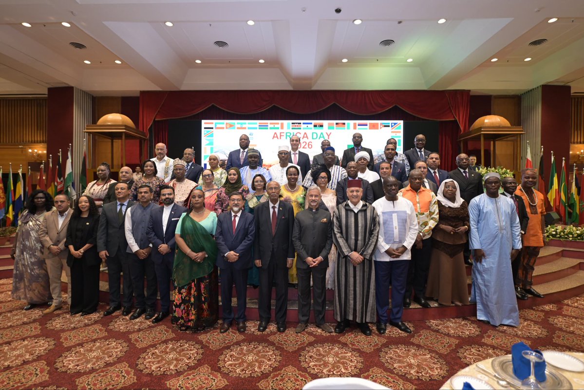 DrSJaishankar's tweet photo. Delighted to join African Heads of Missions and diplomatic community in celebrating Africa Day 2026 in New Delhi today. 

India and Africa are connected by historic linkages, cultural affinities and a shared experience of struggle against colonialism. 

Highlighted :

➡️ Our widening engagement, witnessed in greater high-level visits and expanding diplomatic footprint. 

➡️ 🇮🇳’s enduring commitment to the Global South and the African Continent, reflected in inclusion of AU as permanent member of G20 during India’s presidency. 

➡️ The significant deepening of our trade, investment and technology partnership in recent times

➡️ Our inclusive and demand - driven development partnership, spanning infrastructure development, HADR, medical aid and capacity development. 

➡️ Our growing peacekeeping, defence training, capacity building and maritime cooperation, enhancing peace and security in Africa and the wider region.

➡️ The strong convergence between Viksit Bharat 2047 and Africa’s Agenda 2063 visions. 

Africa is our partner. Africa is our priority.