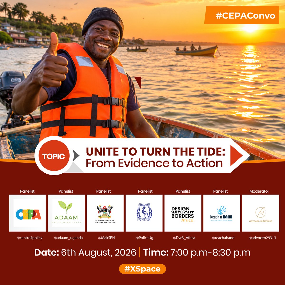 centre4policy's tweet photo. Drowning is preventable. Yet across Uganda, recurring tragedies continue to expose gaps in water safety, regulation, public awareness and emergency response.

Tomorrow at 7:00 PM, join the 61st #CEPAConvo for 𝐔𝐧𝐢𝐭𝐞 𝐭𝐨 𝐓𝐮𝐫𝐧 𝐭𝐡𝐞 𝐓𝐢𝐝𝐞: 𝐅𝐫𝐨𝐦 𝐄𝐯𝐢𝐝𝐞𝐧𝐜𝐞 𝐭𝐨 𝐀𝐜𝐭𝐢𝐨𝐧 as the panelists give context to drowning as a preventable public health and water-safety issue.

Ahead of the 11th August working commemoration, we ask: What must change for Uganda to move from recurring drowning tragedies to sustained prevention?

🎙️ 𝐒𝐩𝐞𝐚𝐤𝐞𝐫𝐬: @centre4policy | @adaam_uganda | @MakSPH | @PoliceUg | @DwB_Africa | @reachahand

🎧 𝐌𝐨𝐝𝐞𝐫𝐚𝐭𝐨𝐫: @advocen29313

📍Join us 👉 https://t.co/FnvlDudsts

#WDPD2026 #DrowningPreventionUG #UniteToTurnTheTide #CEPAProgramming