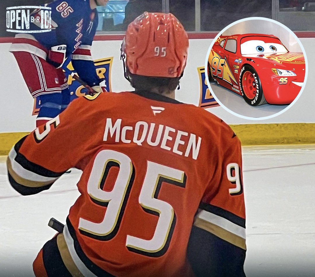 BR_OpenIce's tweet photo. Roger McQueen was rocking the Lightning McQueen number 95 at the Rookie Showcase yesterday ⚡️ 👀

The jersey sales if he sticks with the number will be off the charts 😂

(Via @AnaheimDucks) https://t.co/dopgyFcfRP