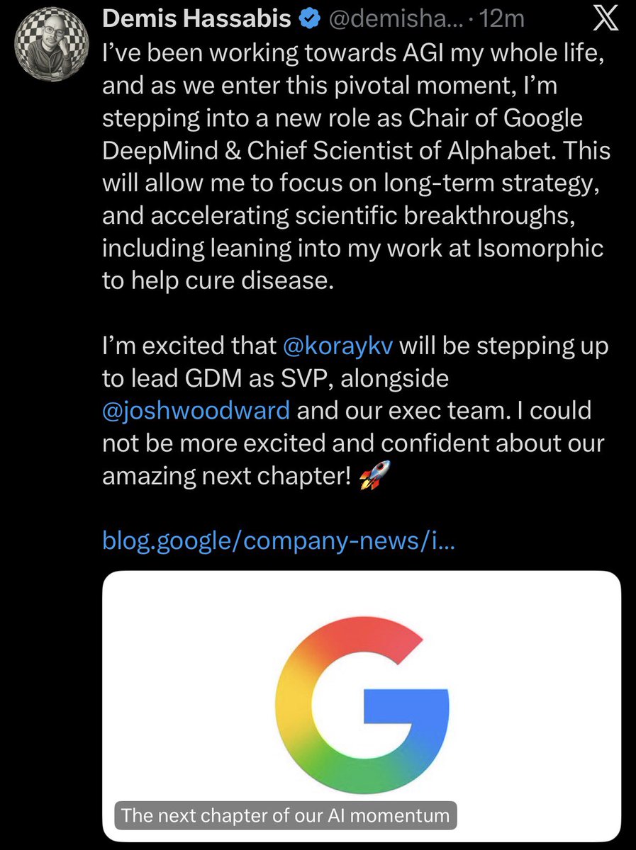 tenobrus's tweet photo. demis is ousted as deepmind CEO and jeff dean + sanjay are leaving google to start a ~neolab.

they're all being very careful to frame these as positive shifts. but there's no way in hell demis would have accepted this willingly, and there's no way Sundar happily accepted Jeff doing this as a totally independent new PBC rather than a bet under alphabet.

tough to see an interpretation other than jeff losing confidence in working on AGI under google.

very bad day for alphabet overall