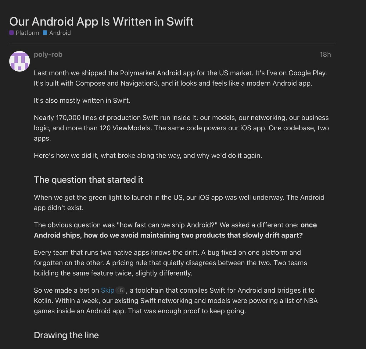 TheOriginaliTE's tweet photo. …@Polymarket’s Android app is written in Swift! 🤯 https://t.co/cZAwwLyPjN