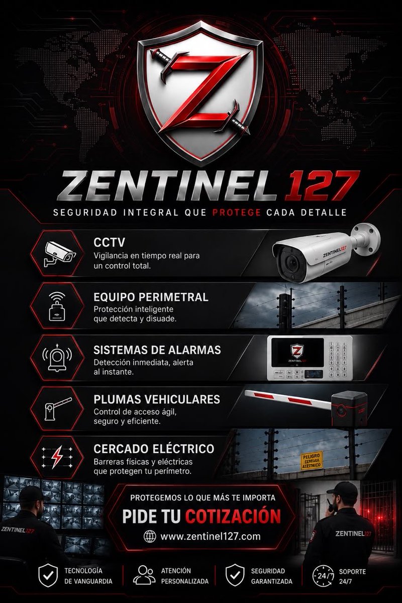 Zentinel127's tweet photo. En Zentinel127 ofrecemos soluciones integrales para proteger lo que más valoras:
🔴 CCTV y videovigilancia
🔴 Protección perimetral
🔴 Sistemas de alarmas
🔴 Plumas vehiculares
🔴 Cercado eléctrico
🌐 https://t.co/sS04i35xOr
#Zentinel127 #SeguridadPrivada #CCTV #Alarmas https://t.co/9HxSIvmsP4