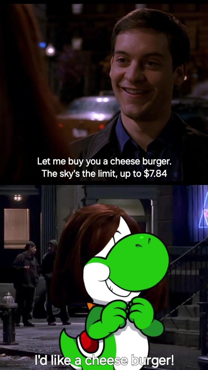 JaydenK83281619's tweet photo. The cheese burger scene from Spider-Man (2002), but...

@SlickFrame @Moriyama98 #AskMario #Yoshi #SpiderMan #SpiderMan2002 https://t.co/lV9UL70lWY