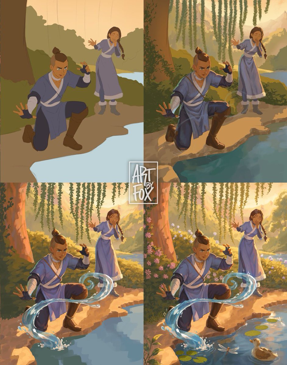 ArtByFox_'s tweet photo. Sokka is convinced he’s waterbending and Katara is happy to let him think that✨

I like to think they had days like this too.
No adventures, just siblings having fun☺️☀️
.
.
.
.
#avatar #art #fanart #sokka #katara https://t.co/jxGPAcS94n