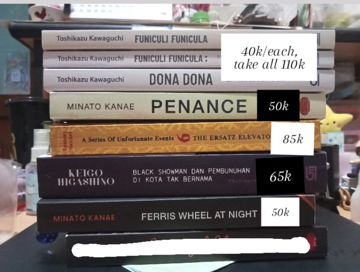 K0WA2's tweet photo. WTS buku novel preloved/second
Manual JNE only
📍Jakbar
❌ Ongkir
Harga pas yeahh!!

- Funiculi Funicula series (40k each, take all 110k)
- PENANCE (50k)
- A series of unfortunate events 6 (english, 85k)

more under thread https://t.co/tfxn3jugEc