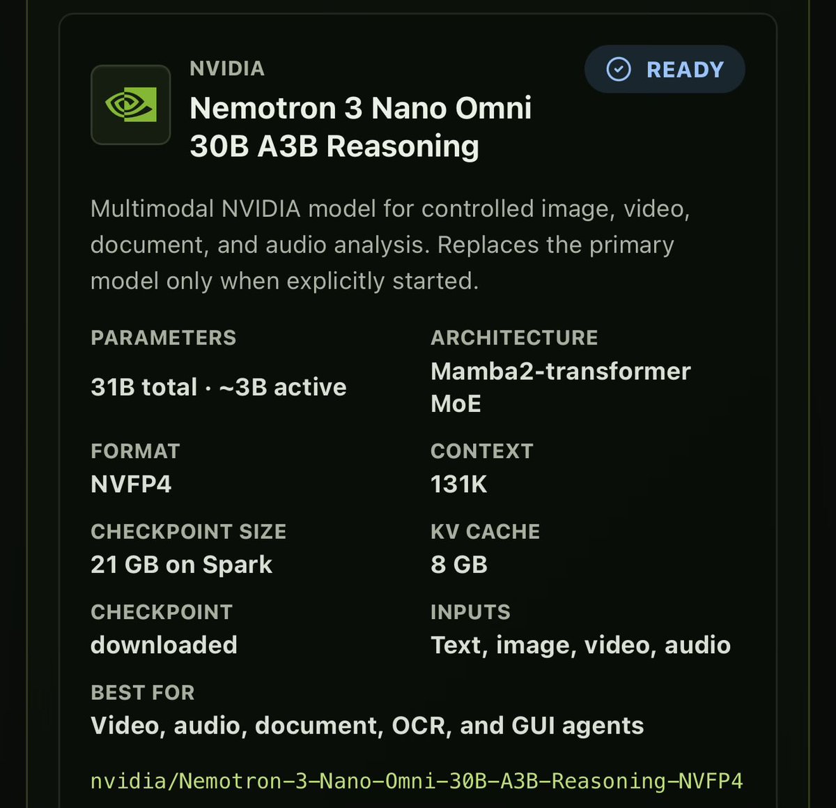 brianmcguire's tweet photo. @MiaAI_lab @MichaelGannotti @NVIDIAAI I also like this model on a single DGX Spark.  Obviously depends on your use case. https://t.co/zn7V1zVw3S