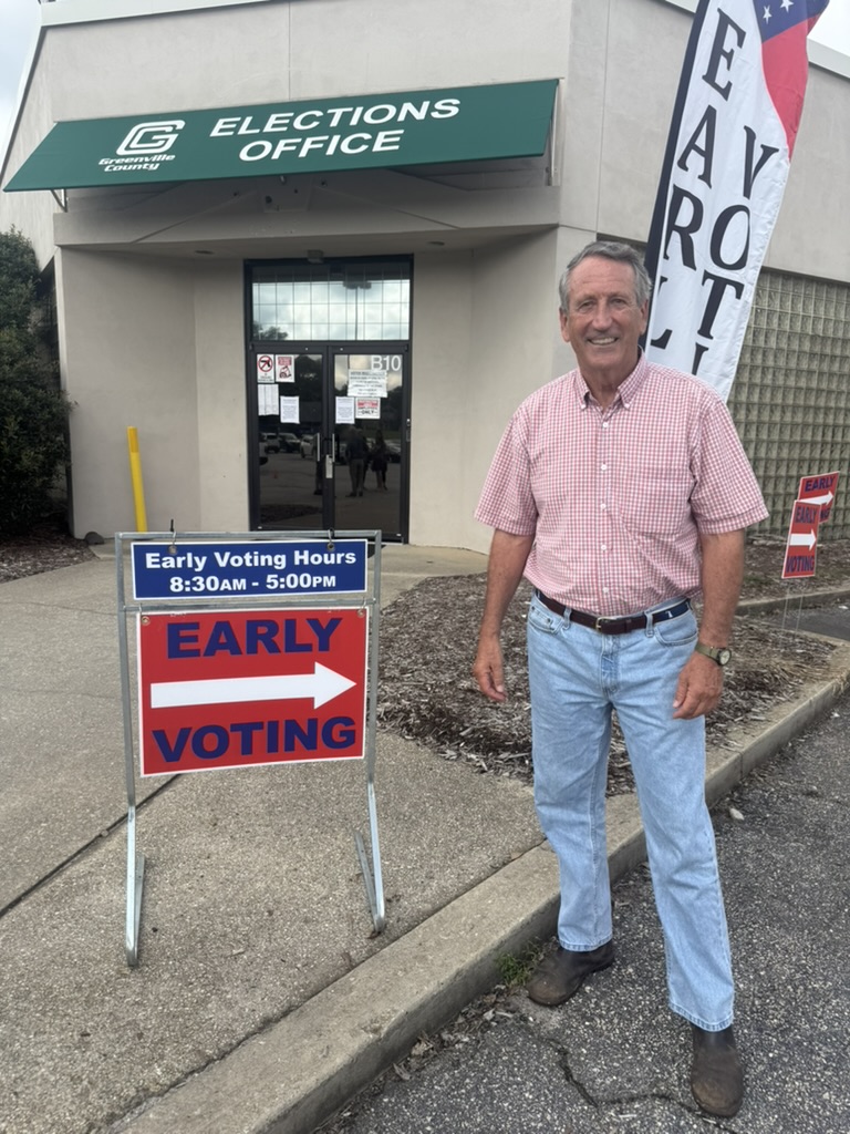 MarkSanford's tweet photo. It's so encouraging to hear your enthusiasm on the first day of early voting. Polls are open until 5:00 p.m. and I ask for your vote today because South Carolina needs an advocate for financial responsibility in Washington now more than ever. https://t.co/pLOJO5COMl