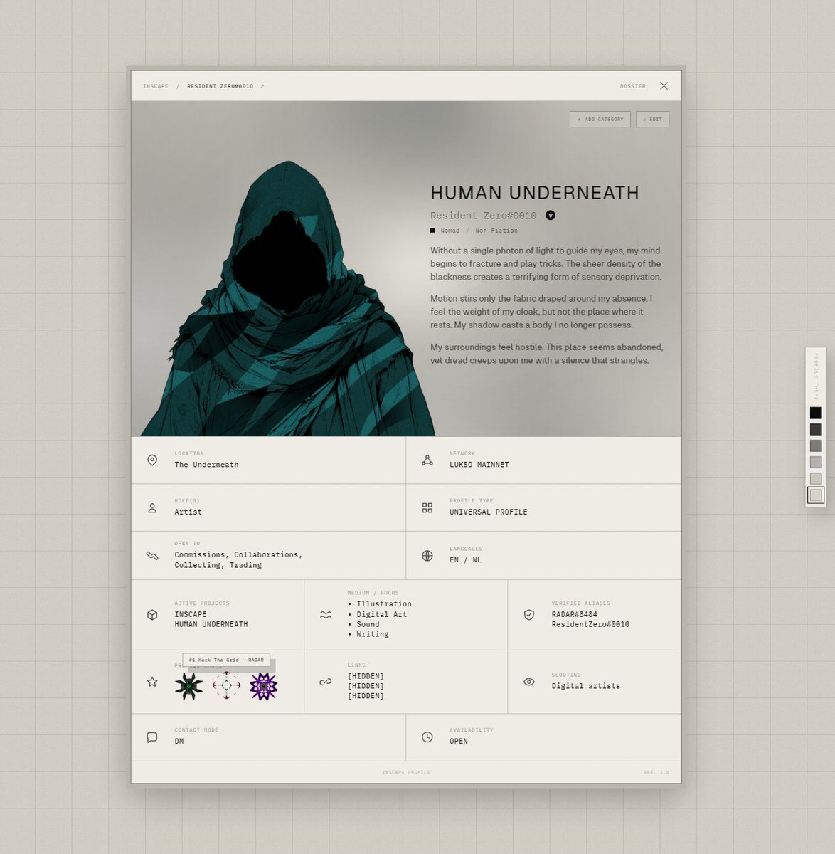 VXCTXRGRPHX's tweet photo. 4 DAYS LEFT TO MINT HALO. https://t.co/tH68icvUeU

These transparent, layerable assets were originally created for the RADAR visualizer, but they will also take on new roles inside @enter_inscape .

The image shows you just one practical example: Profile Marks.

This feature will not be limited to HALO or RADAR assets, but their transparent, layerable design and their ability to remain recognizable at very small sizes, makes them especially well suited for it.

A HALO asset can be embedded into your INSCAPE profile dossier like a medal or personal emblem. Hovering reveals text you write yourself, explaining what it represents or highlighting something important to you.

Hovering reveals text you write yourself, explaining what it represents or highlighting something important to you. 

The same asset could also become a folder icon, category shortcut, map marker, or layer inside a larger composition.

One of the things INSCAPE lets you do is build a much richer identity layer around your Universal Profile. Your profile name and identifying address remain the only standard anchors; everything around them like titles, alternative handles, an expanded biography, custom sections, Profile Marks belongs to your INSCAPE presentation.

These additions do not overwrite your standard UP metadata. They become visible when someone visits your profile through INSCAPE. 

The same RADAR asset, taking on a completely different life inside INSCAPE.

If you wanted one, or more, this is the window.

It is also one of the most direct ways to support what I am building and put more of these assets into circulation before the drop closes.