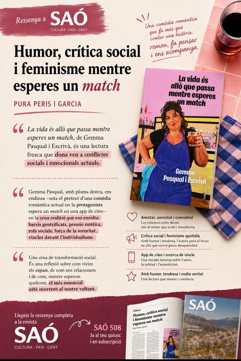 GemmaPasqual's tweet photo. Humor, crítica social i feminisme mentre esperes un match.
A @RevistaSao , @peris_pura ressenya 'La vida és allò que passa mentre esperes un match' de Gemma Pasqual i Escrivà: una novel·la que parla d'amistat, sororitat, comunitat i de les contradiccions del nostre temps amb humor, tendresa i mirada crítica. @columnaedicions @Grup62 
Moltíssimes gràcies! 💜