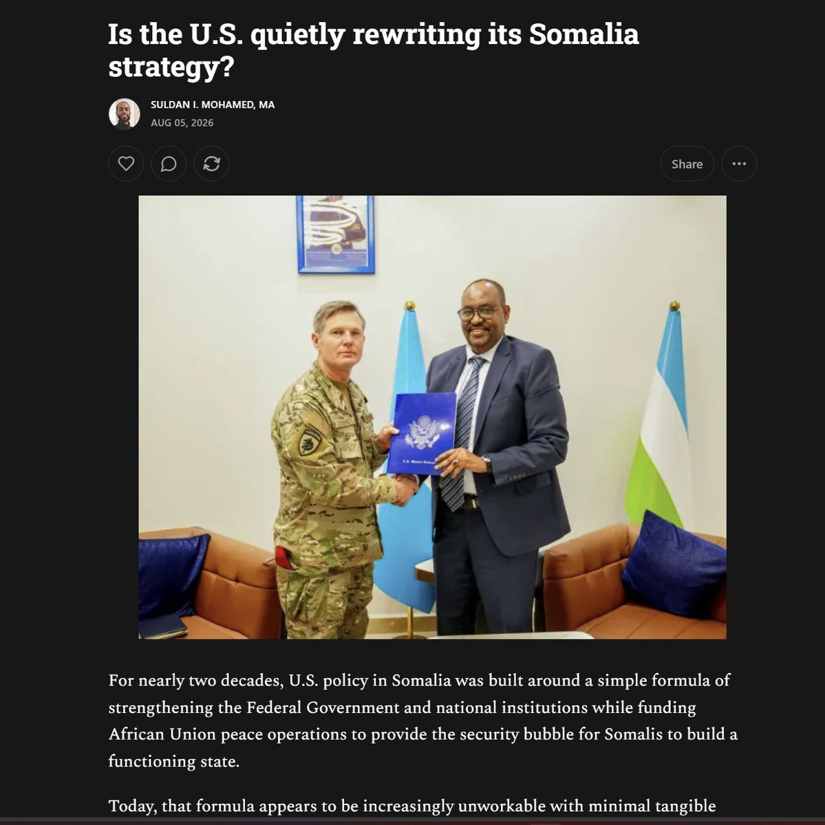SuldanMohamed_'s tweet photo. Check out my latest Substack article: Is the U.S. quietly rewriting its #Somalia strategy?

From AUSSOM funding cuts, a new Puntland security agreement, congressional engagement in Jubaland to growing Red Sea competition & frustration with Mogadishu’s political deadlock...

Washington appears to be moving from state-building to strategic security partnerships.

I explore why now. 

Article: https://t.co/hjHh7ULqjQ