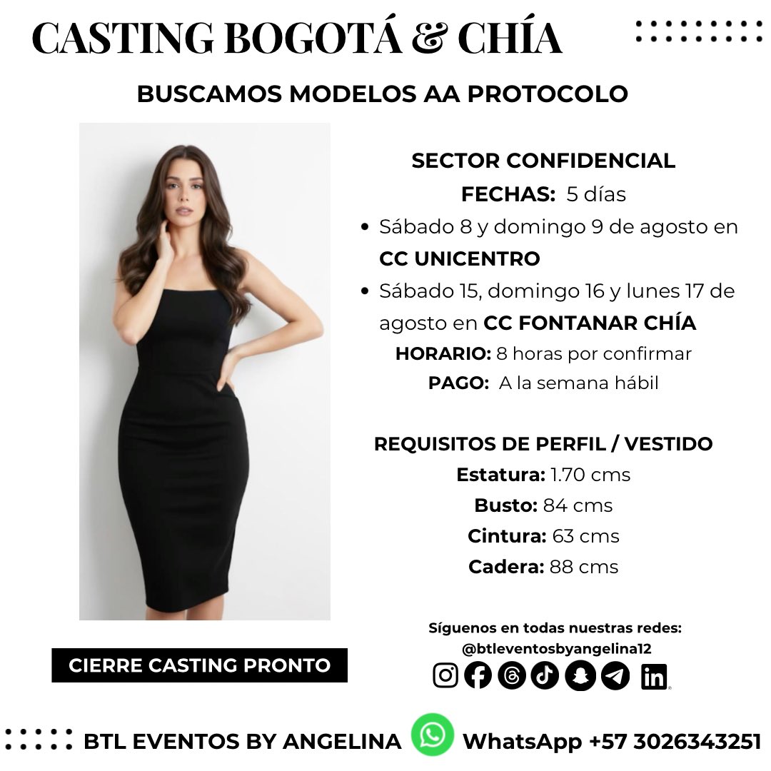 btleventoscol12's tweet photo. CASTING BOGOTÁ Y CHIA 
Buscamos mujeres modelos AA para protocolo cumpliendo los requisitos del vestido y altura 
#BTLEVENTOSBYANGELINA #BOGOTA #CHIA #PROTOCOLO #MUJERES https://t.co/Ukt2BIKghG