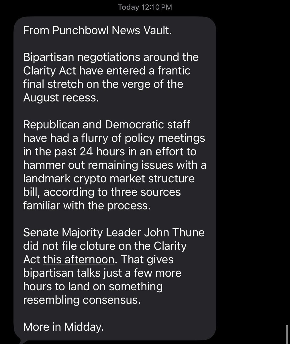 BrendanPedersen's tweet photo. News in PBN texts: Republican and Democratic staff have held a flurry of meetings in the past 24 hours to hammer out remaining issues with the Clarity Act

Thune’s decision not to file cloture today gives negotiators a few more hours to land a deal. Ethics remains its own issue https://t.co/whqQ8t4vwQ