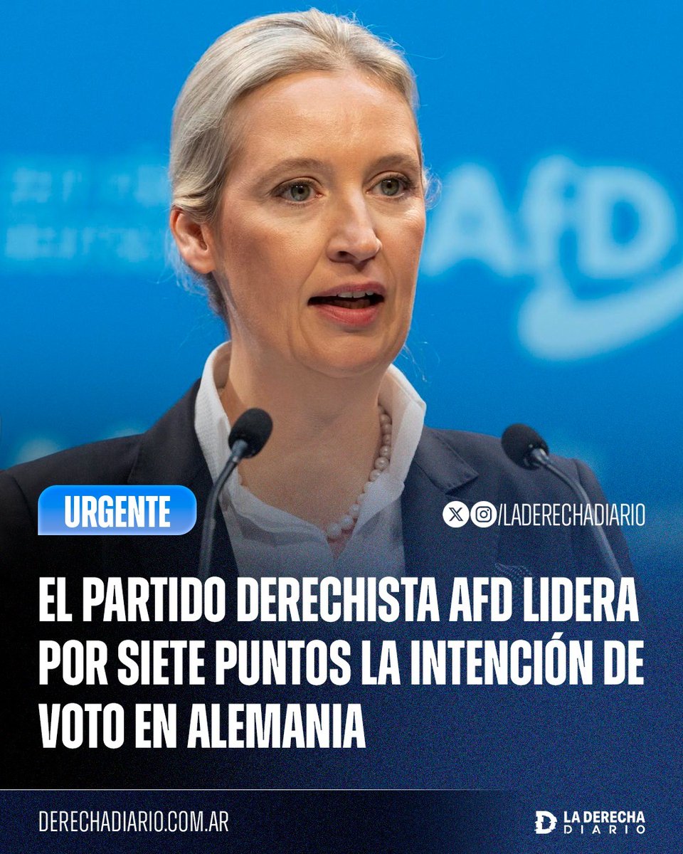 laderechadiario's tweet photo. 🚨🇩🇪 | SE VIENE LA DERECHA: El partido derechista AfD alcanzó el 28% de intención de voto en Alemania y aventaja por siete puntos a la coalición oficialista de Friedrich Merz, la mayor diferencia registrada hasta ahora sobre la Unión, según la última encuesta de Forsa. https://t.co/pqSQ7bkEfi