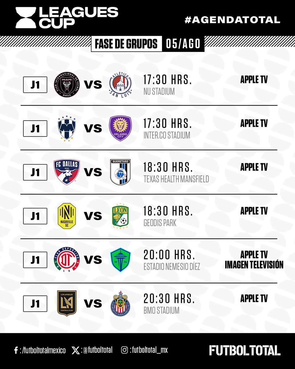 futboltotal's tweet photo. SIGUE RODANDO ⚽️

La #AgendaTotal de la Leagues Cup llega con los detalles de hoy.

🐐 Debuta Messi
🤩 Partidazos como el de Monterrey y el de Chivas
👹 Toluca juega el primer partido de Leagues Cup en México

¡A darle! https://t.co/50fDgSRw0Y
