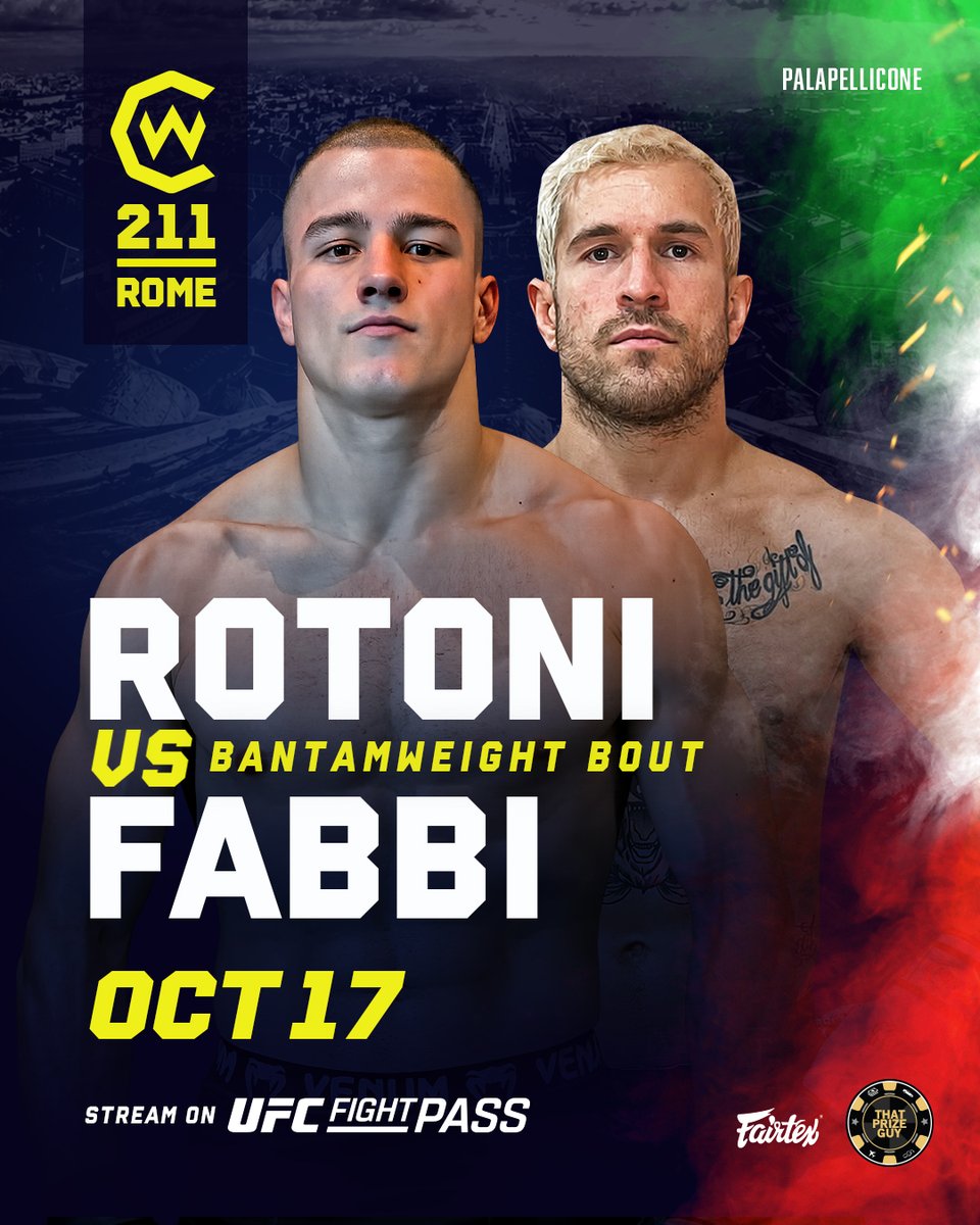 CageWarriors's tweet photo. Cage Warriors debuts at #CW211 Rome 🇮🇹🌟

Federico Rotoni and Andrei Fabbi go head-to-head in the famous Yellow Gloves on October 17th! 

🎟️ Link in bio for tickets! https://t.co/DsWrHMcZJi