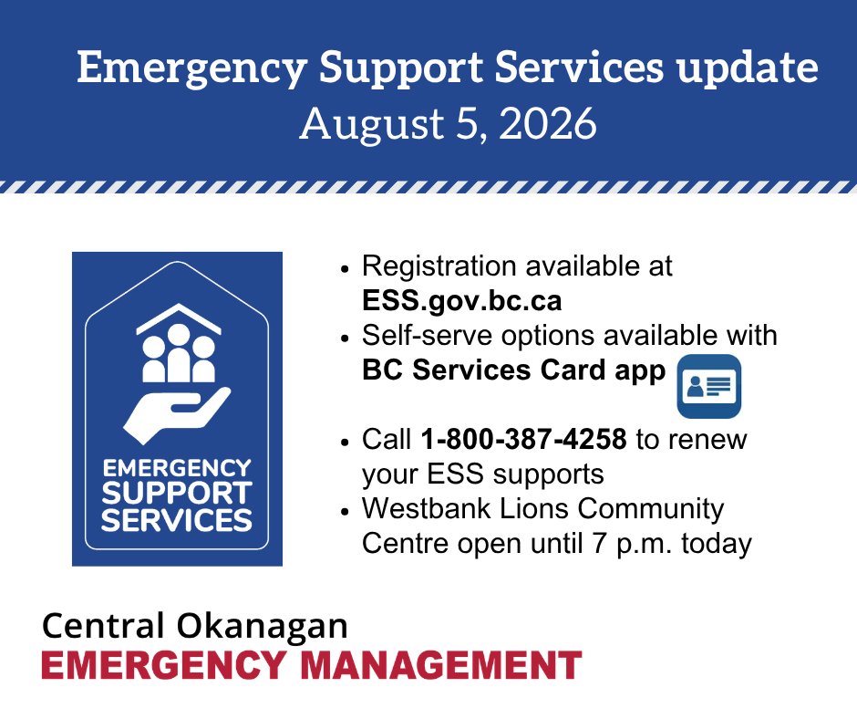 CO_Emerg's tweet photo. Emergency Support Services (ESS) will be available in person starting at 9 a.m. today at the Westbank Lions Community Centre (2466 Main St., West Kelowna) for residents affected by the Quilpituk Creek wildfire.

🔗 Visit https://t.co/ON9Z0V3Q9V to register or learn more. See less https://t.co/ZLSlbb06ns