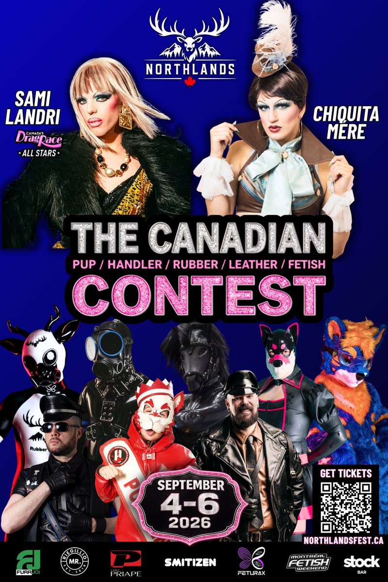 Northlandsfest's tweet photo. @NorthlandsFest  & @Fetishweekend  🇨🇦 Canada's biggest celebration of Leather, Rubber, Pup, Handler & Fetish is coming to Montreal.

Months of preparation.
Amazing judges.
Incredible contestants.
And now... we're ready to welcome you.

Join us September 4–6, 2026 as Canada crowns its next Leather, Rubber, Pup, Handler and Fetish titleholders.

✨ Hosted by Canada's Drag Race All Stars stars @sami_landri & @Chiquita_Mere 

Whether you're part of the Leather, Rubber, Pup, Handler or Fetish community, or simply curious to experience one of Canada's most unique LGBTQ+ events, you belong here.

🎟 Early Bird tickets are available now.
https://t.co/9kAwD5K1yH

Who are you coming to cheer for? 👇