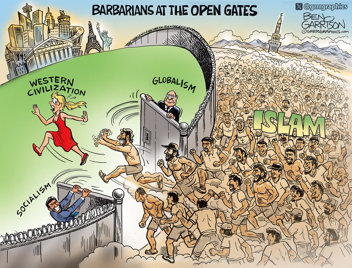 GrrrGraphics's tweet photo. The Barbarians are already at the open gates. 🔥🔥🔥
New Ben Garrison Cartoon

Western Civilization is running for her life while Globalism holds the door wide open… and Socialism is helping them climb over the fence.  The socialists and globalists want the West to accept defeat without a fight.

Many of those reds are also bringing in the green of Islam.  Is socialism the Trojan Horse for Islam… or is it the other way around?  

🔥 What’s your take?  🔥🔥🔥

Read the full post here → https://t.co/qi0W578730 
Democrat Socialist wins primary in Michigan -barely 
Always @grrrgraphics for more hard-hitting cartoons. 🤠👍