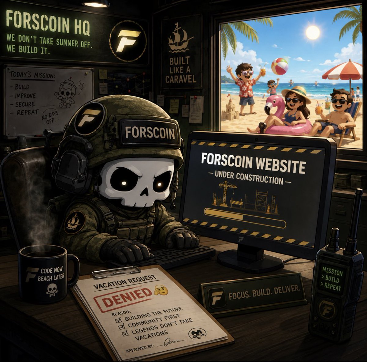forscoin's tweet photo. Solana: summer ☀️

Meanwhile at FORSCOIN HQ:

“Vacation request denied. The website isn’t finished.” 🫡💀

Memes brought us together.
Now we’re building something people can actually be part of.

What are you building this summer? https://t.co/GVCHbWxBmZ