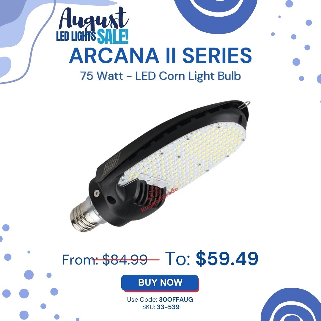 LEDLightExpert1's tweet photo. 💡 Save big this August!

ARCANA II SERIES – 75W LED Corn Light Bulb
 $84.99 ➜ $59.49

🎟️ Use code: 30OFFAUG
⏳ Limited quantities. One-time use per customer.

Shop now: https://t.co/S9FRbtGajr

#LEDLightExpert #AugustSale #LEDLighting #LightingDeals #CommercialLighting https://t.co/NxkIVTAon1